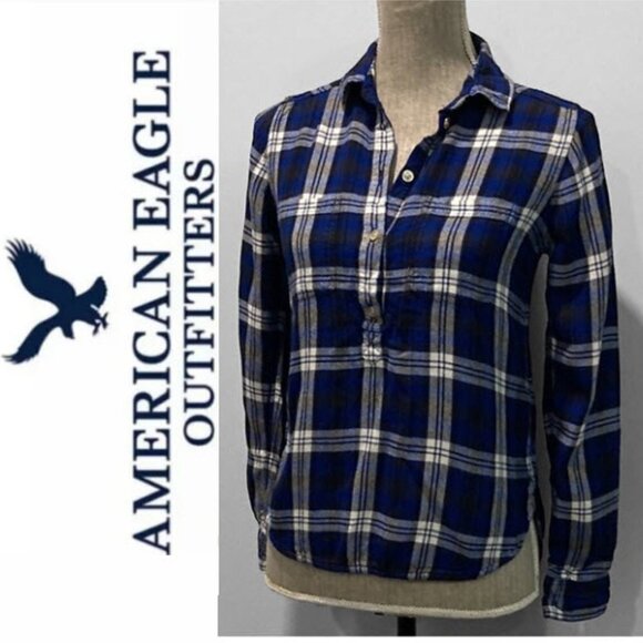 AMERICAN Eagle Blue Plaid Boyfriend Fit Button Down Shirt - Picture 1 of 15
